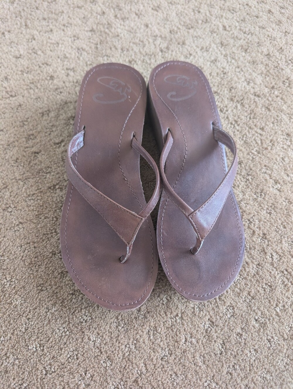 Scott Hawaii Brown Leather Wedge Thong Sandals Flip Flops  Size 8